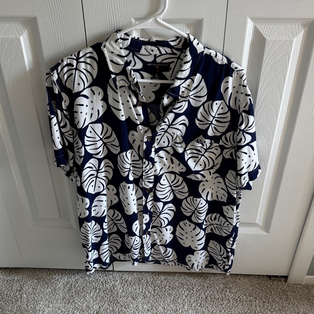 Margaritaville Blue and White Tropical Leaf Shirt